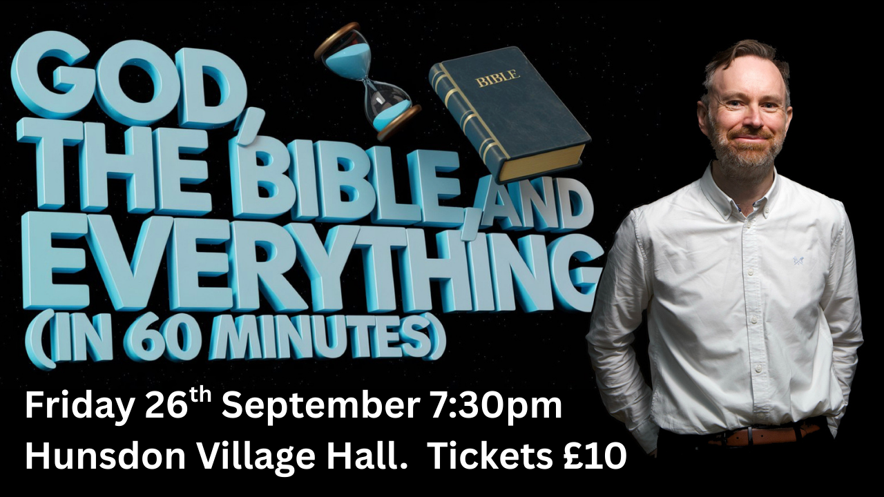 God, the Bible and Everything event advert.